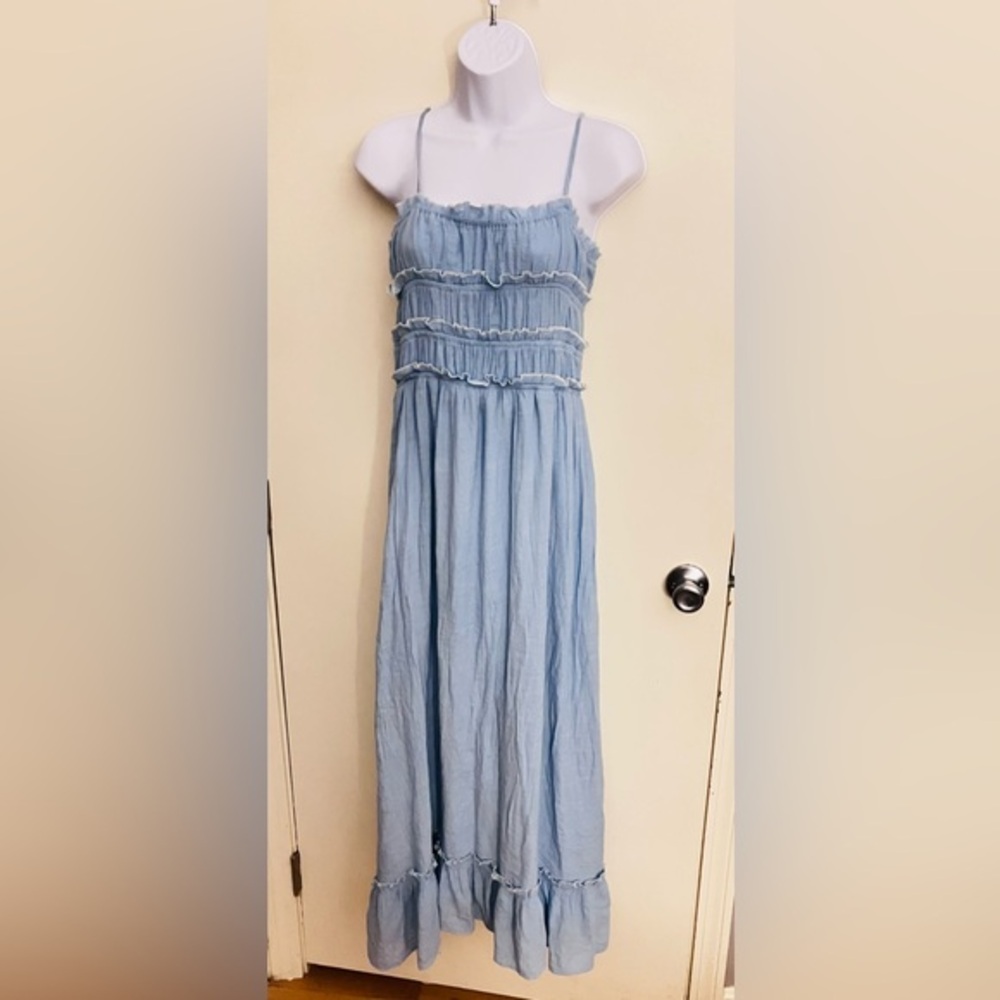 Thirty Thirty Light Blue Ruffle Tiered Maxi Dress Size Large Coquette Cottage